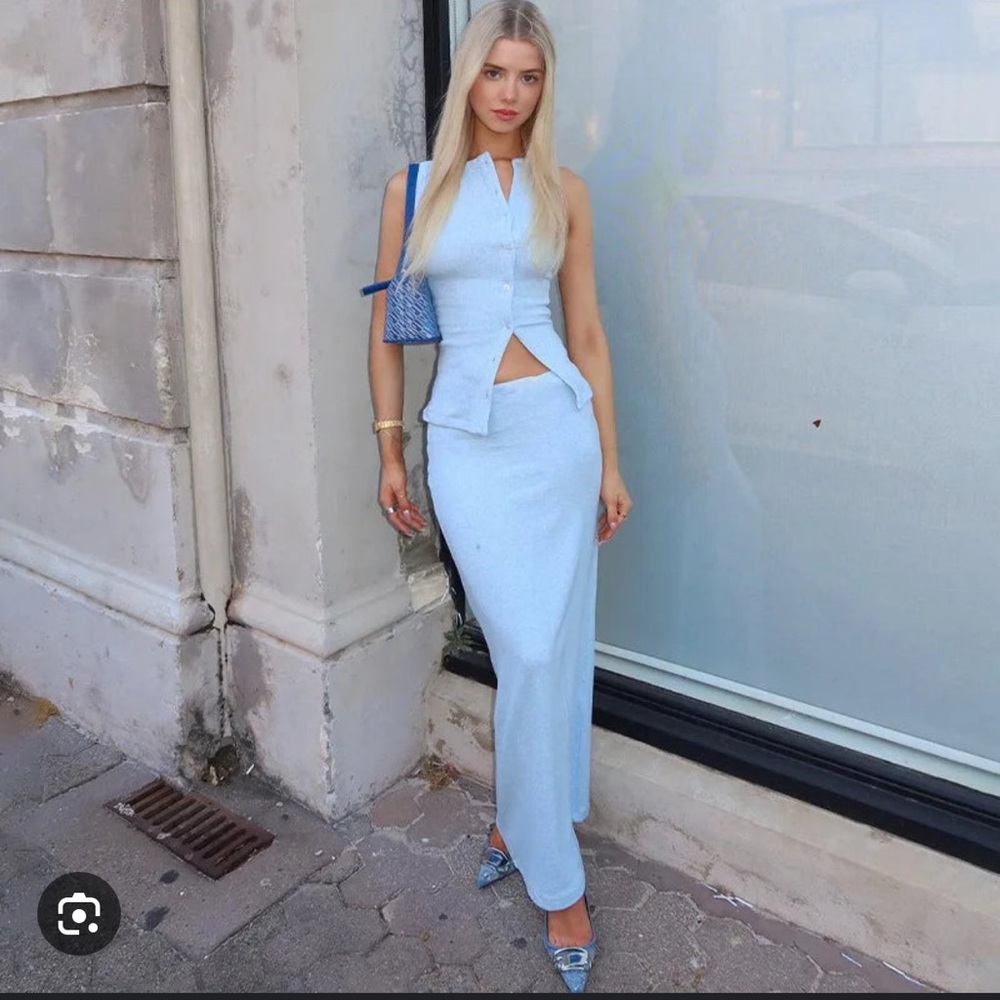 Ribbed button up skirt set in baby blue